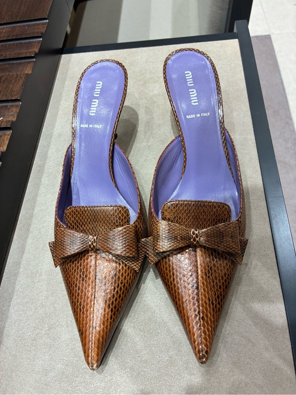 Miu Miu Brown Snakeskin Pointed-Toe Mule with Bow